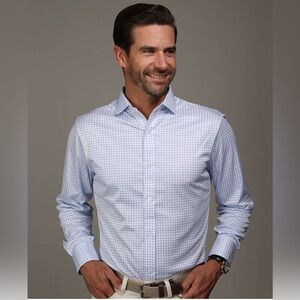 Collars & Co. Quattro Flex Dress Shirt with Semi-Spread Collar, Thin Blue Check
